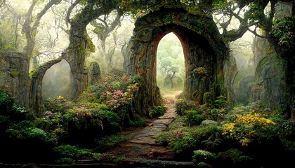 Wall Mural - Spectacular natural scene with a portal archway covered in forest. In the fantasy world, ancient magical stone gate show another dimension. Digital art .