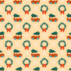 Wall Mural - Seamless pattern with traditional flat Christmas and New Year elements. Vector illustration. Wallpapers and wrapping paper.