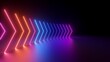 Leinwandbild Motiv 3d render, abstract panoramic red blue pink neon background with arrows showing right direction, glowing in the dark