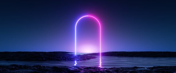 Wall Mural - 3d render, fantastic minimalist neon background, futuristic terrain with water and glowing arch