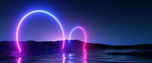 Wall Mural - 3d render, abstract background with glowing neon rings in the water, geometric shapes and seascape, 