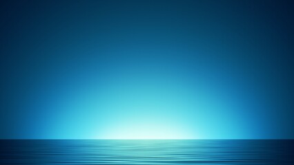 Wall Mural - 3d render, abstract seascape background with calm water and bright glow, blue simple wallpaper