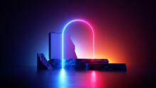 3d Render, Abstract Neon Background With Glowing Arch And Stone Ruins, Showcase For Product Presentation