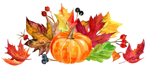 fall illustration, colorful watercolor leaves border , golden, brown, orange leaves and berries, pum