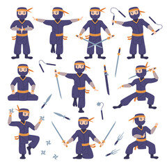 Sticker - Ninja or Shinobi Character as Japanese Covert Agent or Mercenary in Shozoku Disguise Costume with Weaponry Vector Set