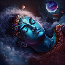 Illustration Of Lord Krishna, Adorned With Shiny Jewels, Sleeping In The Center Of The Multiverse