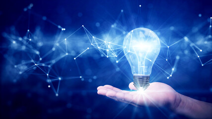Poster - business idea creative concept technology. Illuminated light bulb and connected polygons above hand on dark blue background.