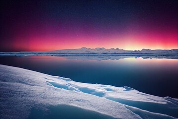 Wall Mural - red orange borealis, polar lights in far distance over ice and snow landscape, generative ai