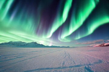 green aurora borealis, polar lights over ice and snow landscape, generative ai