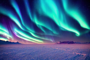 Wall Mural - green blue aurora borealis, polar lights, northern lights, over ice and snow landscape