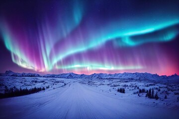 Wall Mural - purple blue aurora borealis, polar lights over ice and snow landscape, generative ai