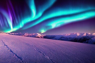 Wall Mural - blue aurora borealis, polar lights over ice and snow landscape