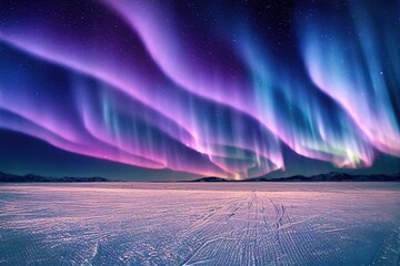 Wall Mural - purple blue aurora borealis, northern lights over ice and snow landscape