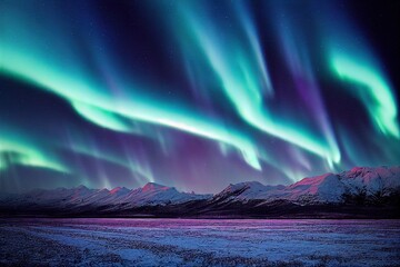 Wall Mural - green purple blue aurora borealis, polar lights over ice and snow landscape