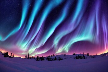 Wall Mural - purple blue aurora borealis, polar lights over ice and snow landscape