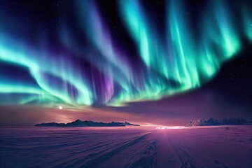 Wall Mural - purple blue green aurora borealis, polar lights over ice and snow landscape