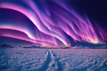 Wall Mural - purple blue aurora borealis, northern lights over ice and snow landscape