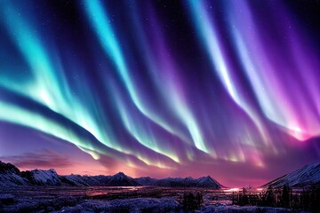 Wall Mural - purple blue aurora borealis, polar lights over ice and snow landscape