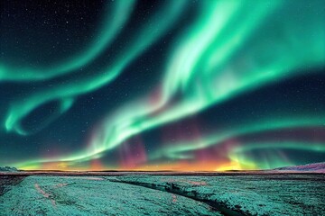 Wall Mural - green aurora borealis, polar lights over ice and snow landscape