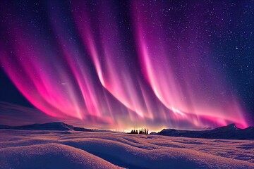 Wall Mural - pink white aurora borealis, polar lights over ice and snow landscape