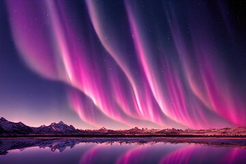 Wall Mural - pink aurora borealis, polar lights over ice and snow landscape