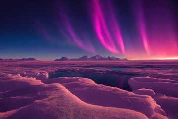 Wall Mural - pink aurora borealis, polar lights over ice and snow landscape