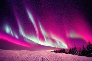 Wall Mural - pink, white aurora borealis, polar lights over ice and snow landscape, generative ai