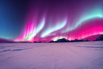 Wall Mural - pink blue aurora borealis, polar lights over ice and snow landscape, generative ai