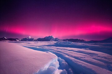 Wall Mural - pink aurora borealis, polar lights over ice and snow landscape, generative ai