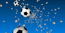 Soccer Balls On A Blue Background. Many Flying Soccer Balls In The Foreground And Background.