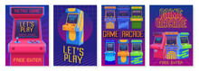 Retro Gaming Posters. Arcade Game Event Invitation Flyer, Lets Play Poster With Old Gaming Machines Vector Set