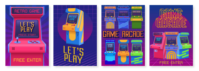 Retro gaming posters. Arcade game event invitation flyer, lets play poster with old gaming machines vector set