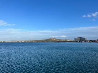 Deep blue seascape, blue sea and blue sky, natural background