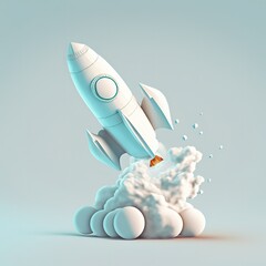 Poster - Rocket taking off with puffs of white smoke Isolated on white background. Cartoon mimal soft style. 3d illustration