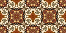 Autumn Leaves Woodland Seamless Border. Brown Retro Kaleidoscopic Textile Washi Tape. Backdrop Of Vintage Ornate Forest Ribbon. Garden Botanical Print. 