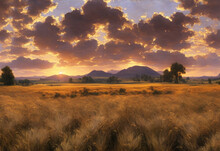 The Sun Sets During A Summer Evening Over The Countryside Wheat Fields With Trees And Hills In The Horizon. A Setting Sun Fills The Cloudy Sky With A Dusky Hue. Digital Painting.