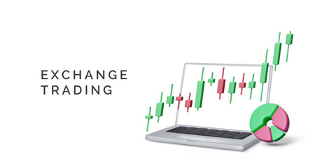 Poster - Online stock exchange trading business banner. Trade on stock market. 3D render laptop, pie chart and candlestick diagram