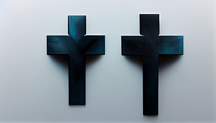 There are two dark crosses on a light white background.