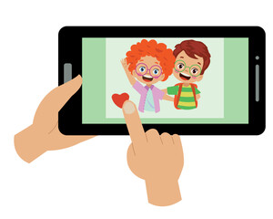Wall Mural - Video Conference. Cute little Kid using tablet for video call with friend. Children happy smile using internet technology for talking. girl face on screen. Vector cartoon illustration for call