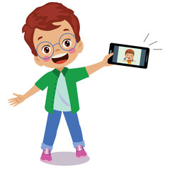 Wall Mural - Video Conference. Cute little Kid using tablet for video call with friend. Children happy smile using internet technology for talking. girl face on screen. Vector cartoon illustration for call