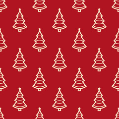 Wall Mural - Small contour linear beige Christmas trees isolated on a red background. Cute monochrome festive seamless pattern. Vector simple flat graphic illustration. Texture.