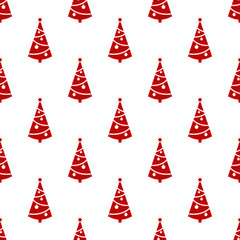 Wall Mural - Small red Christmas trees isolated on white background. Cute monochrome festive seamless pattern. Vector simple flat graphic illustration. Texture.