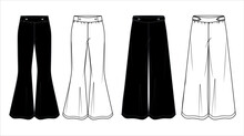 Vector Flare Pants For Girls Fashion CAD, Sketch Template, Basic Woman Wide Leg Trousers Technical Drawing, Trendy Leggings Flat, Mock Up. Jersey Or Woven Fabric Pants, From And Back View, White Color