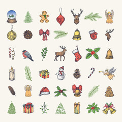 Wall Mural - Hand Drawn Christmas Colorful Icons Collection. Set of Winter Holidays New Year Sketches. Engraving Style Xmas Doodle Drawings Bundle Isolated