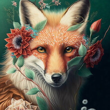 Fox Made Of Flowers And Leaves, Realistic Boho Wild Animal, Beautiful Animal Illustration, Bohemian Wild Animal Portrait, Flora And Fauna