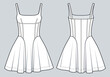 © Liubov Hladka - Women's mini Dress technical fashion Illustration. Dress with shoulder straps technical drawing template, slim fit, zip-up, corset, front and back view, white color, CAD mockup.