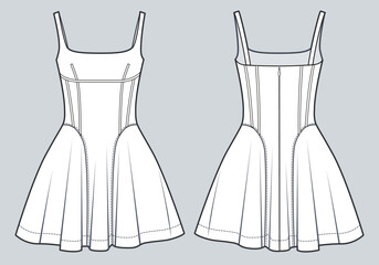 women's mini dress technical fashion illustration. dress with shoulder straps technical drawing temp