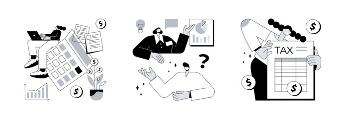 Poster - Financial information abstract concept vector illustration set. Accounting, consulting, tax form, tax filing, audit service, online application software, business strategy abstract metaphor.