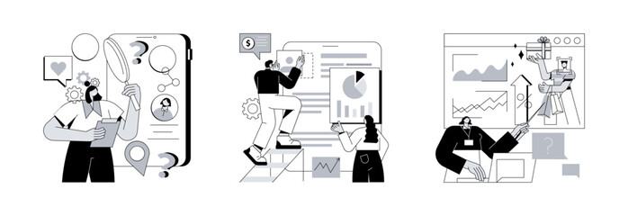 Poster - Targeting strategy abstract concept vector illustration set. Marketing research, competitor research, consumer behaviour, focus group, survey agency, target audience, analysis abstract metaphor.