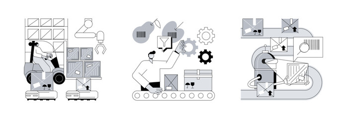 Poster - sorting parcels abstract concept vector illustration set. warehouse robotization, sortation systems,